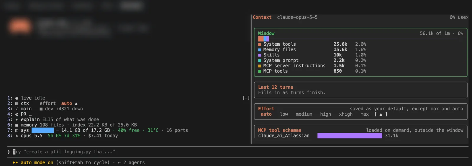 Context pane showing 6 percent of a one million token window used, with system tools the largest category.