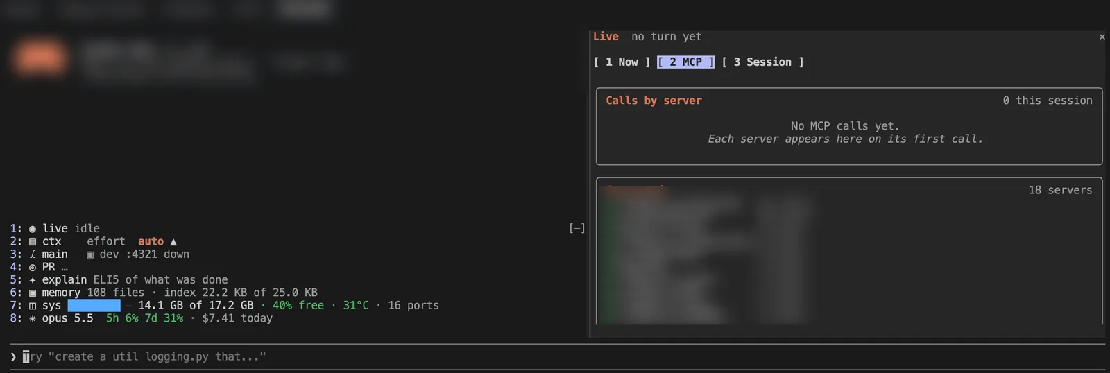 The Live pane's MCP tab showing calls by server and eighteen connected servers.