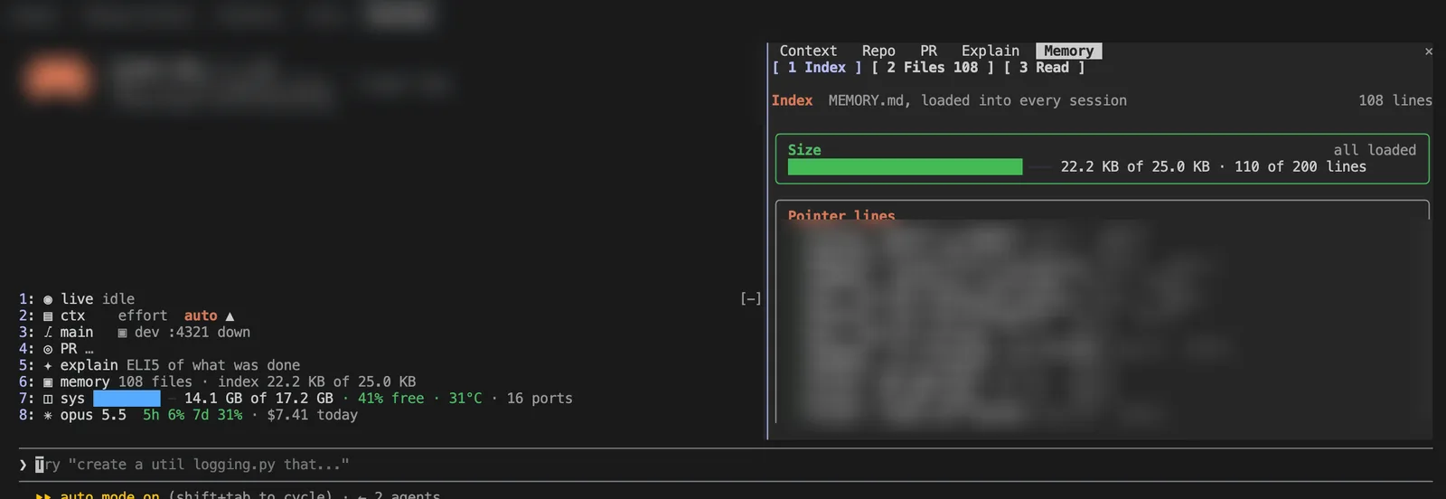 Memory pane showing the index at 22.2 of 25 kilobytes and 110 of 200 lines, all loaded.