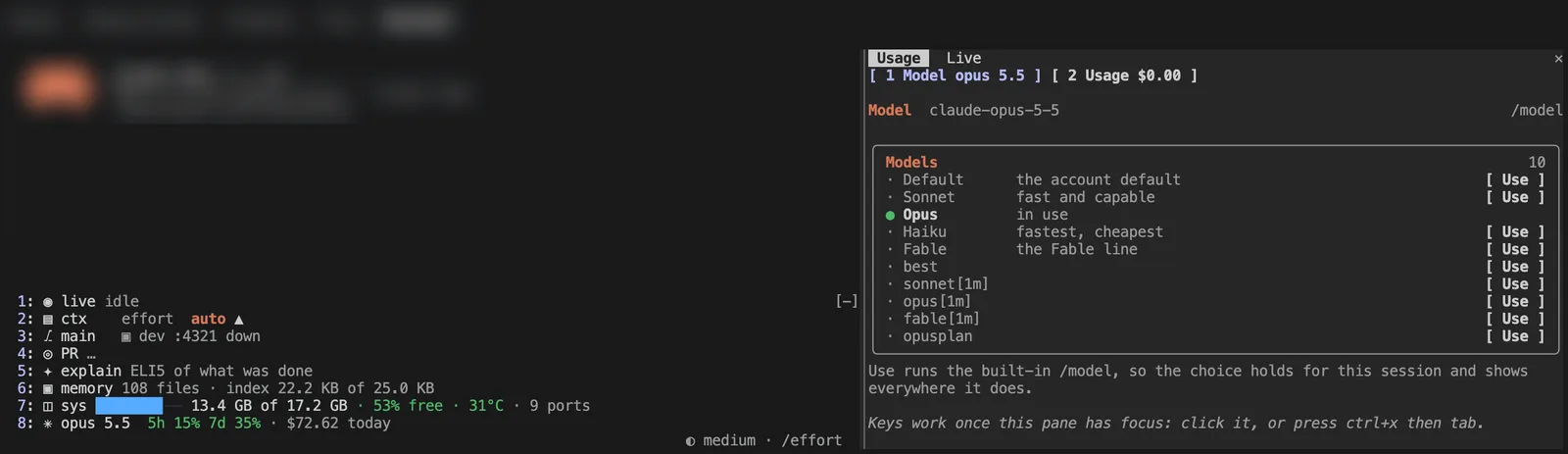 Eight numbered status rows above the Claude Code prompt, with effort on auto beside a clickable up arrow, and a Model pane listing ten models, each with a Use button.