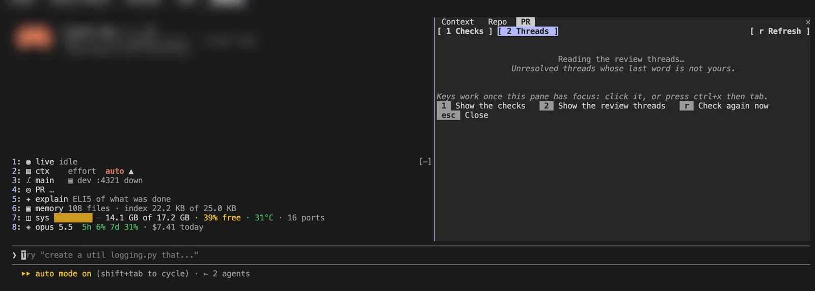 PR pane with Checks and Threads tabs, loading the unresolved review threads for the branch.