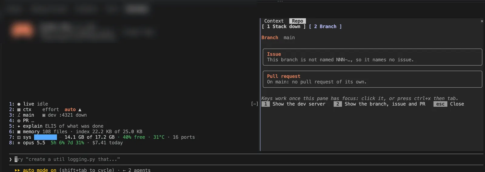 Repo pane showing branch main, no linked issue and no pull request.