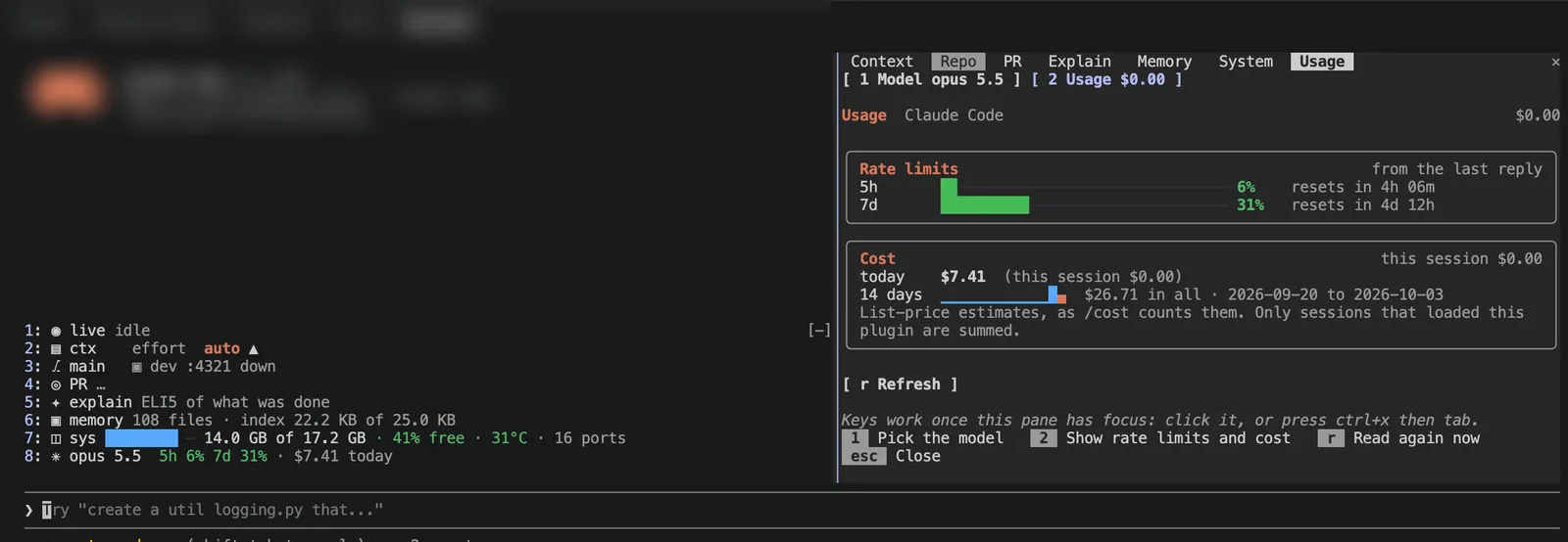 Usage pane with rate-limit meters at 6 and 31 percent and a fourteen-day cost sparkline totalling 26.71 dollars.