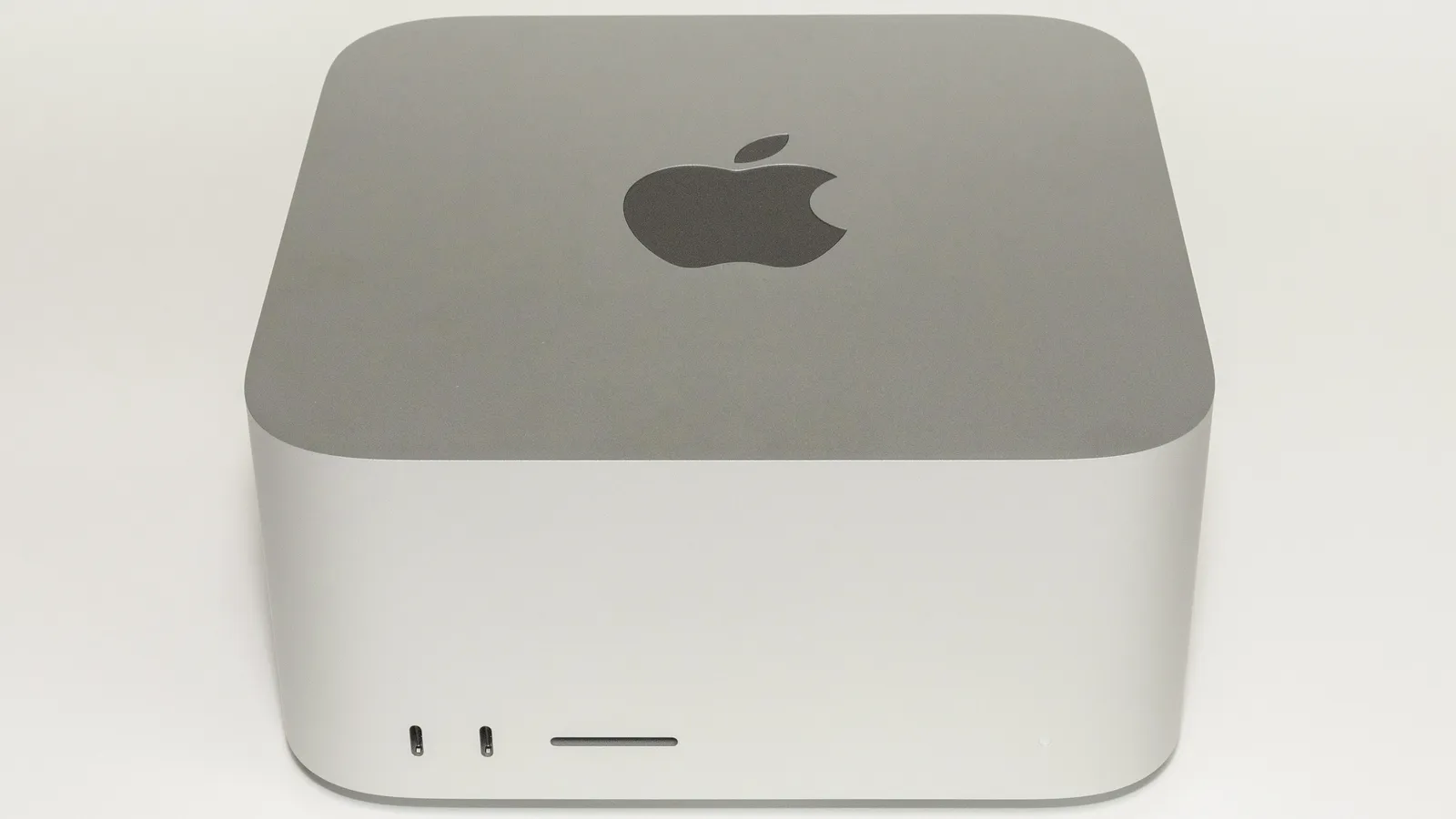 Front of an Apple Mac Studio desktop computer on a white background