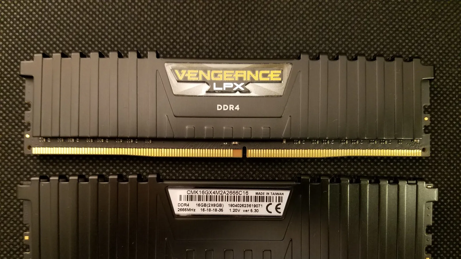 Two Corsair Vengeance LPX DDR4 desktop memory sticks side by side
