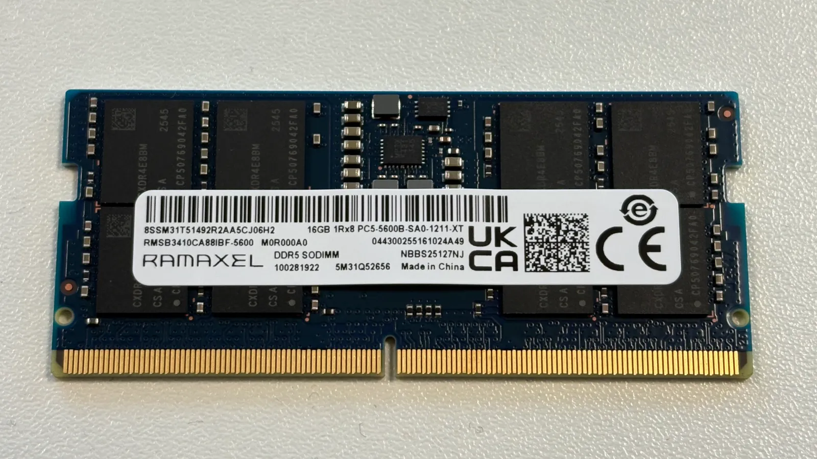A 16GB DDR5 laptop memory module built with CXMT memory chips and labelled made in China.